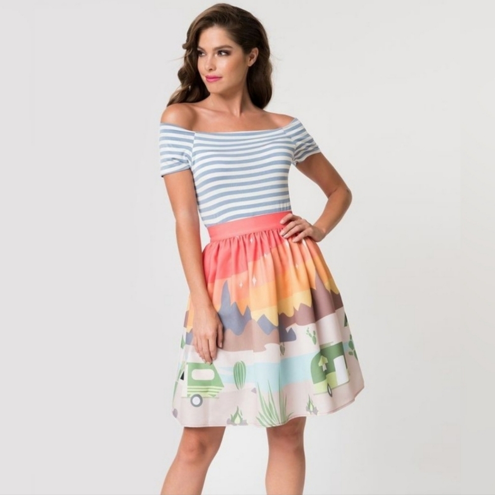 NWT Unique Vintage Striped Top and Colorful Skirt with Yellow Belt